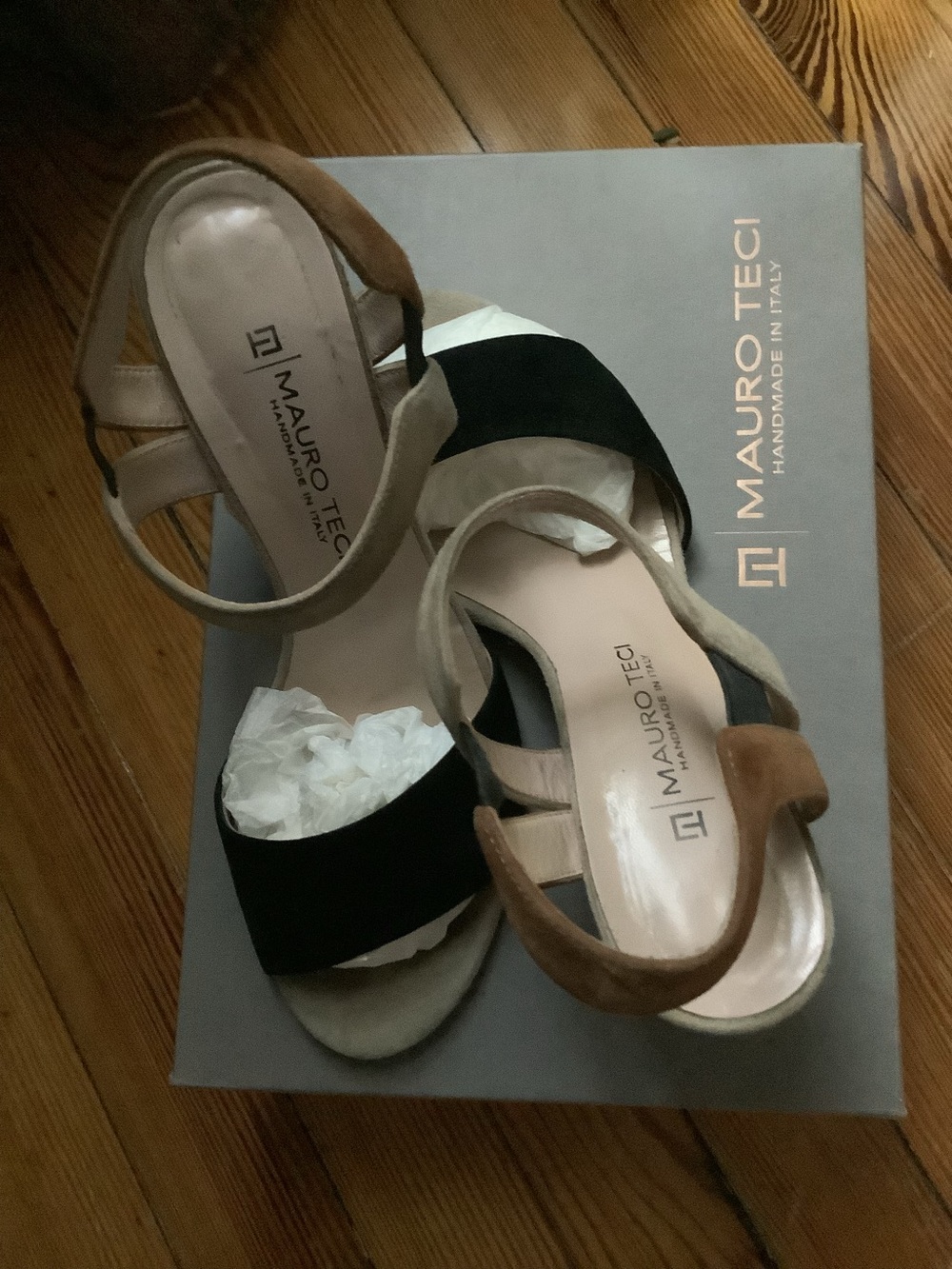 Mauro Teci Two-Tone Suede Block Heel Sandals in Black and Tan